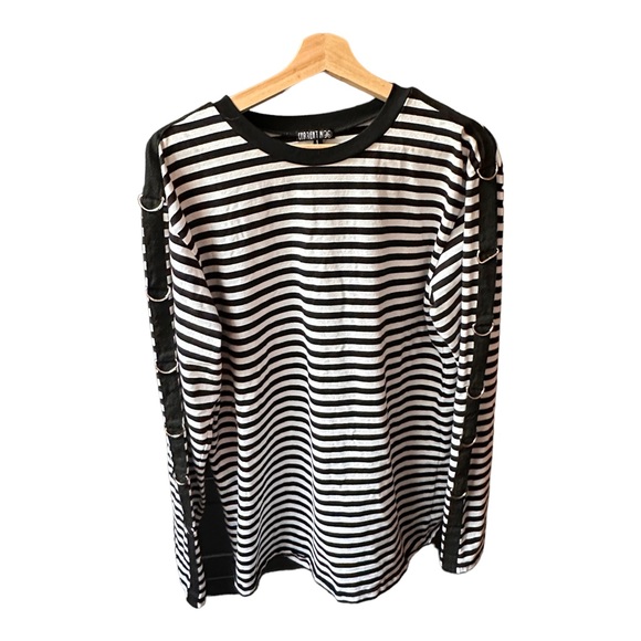 black and white current mood striped shirt punk long sleeve with metal clasps - Picture 2 of 5